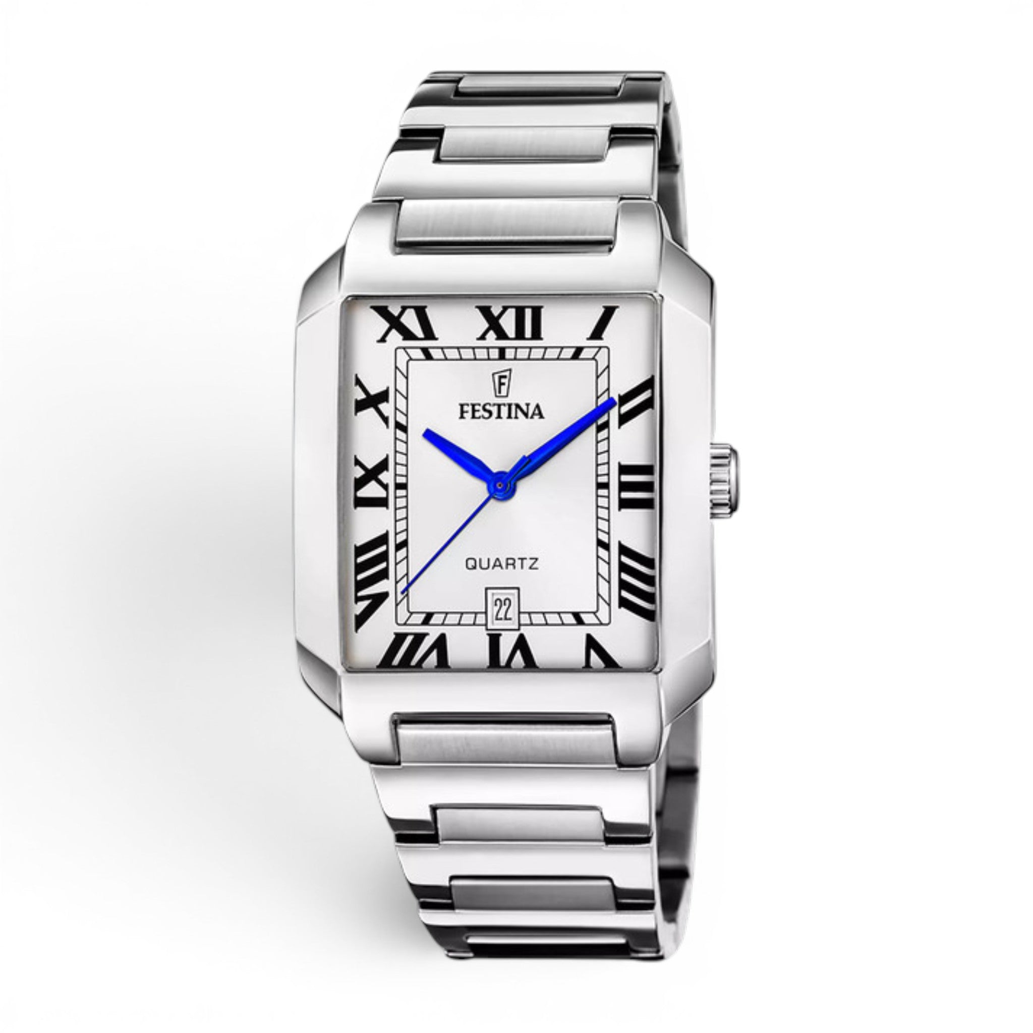 Festina On the Square men's stainless steel watch with silver Roman numeral dial, blue hands and stainless steel bracelet.