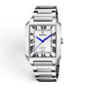 Festina On the Square men's stainless steel watch with silver Roman numeral dial, blue hands and stainless steel bracelet.