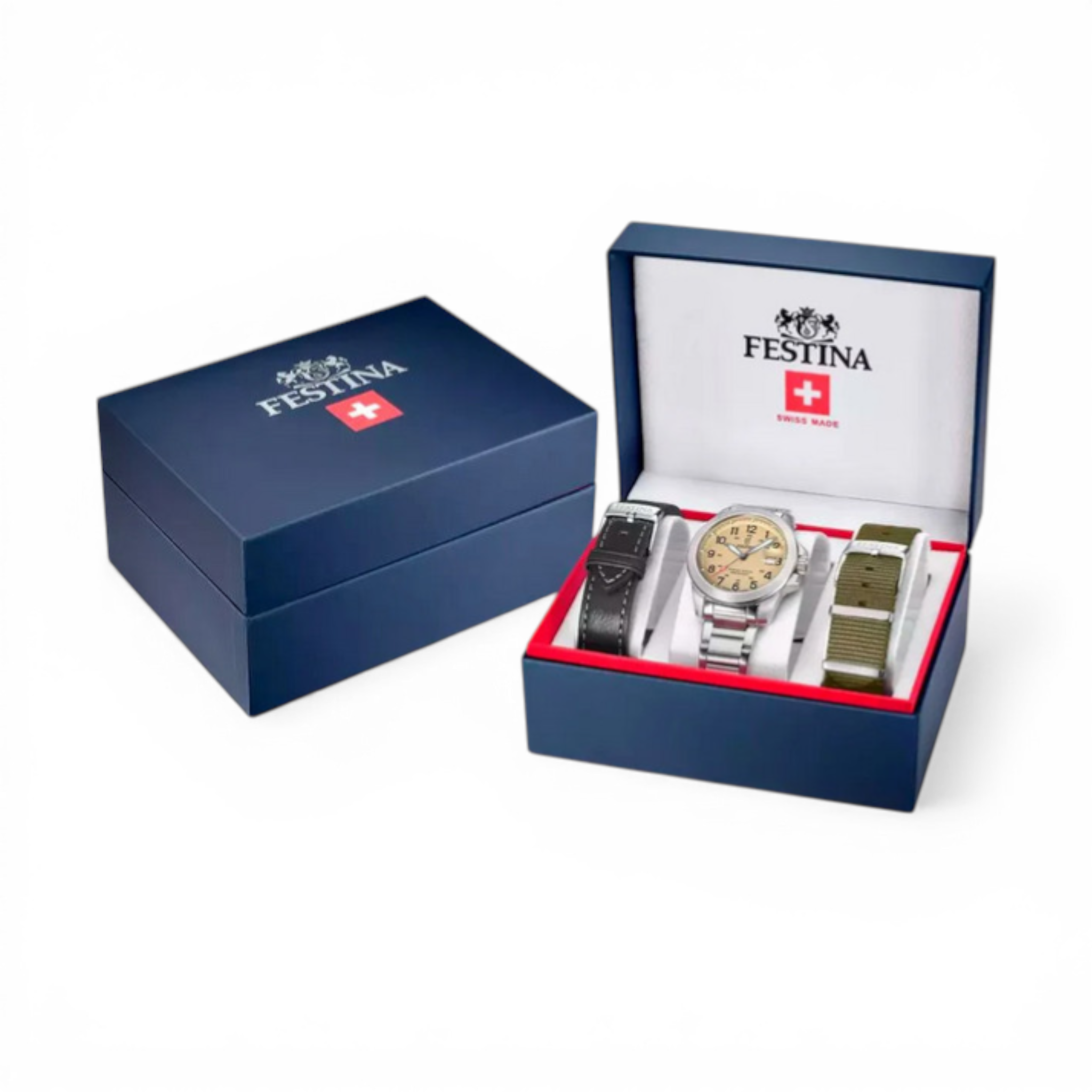 Festina Swiss made field watch with beige dial and three interchangeable straps in presentation box