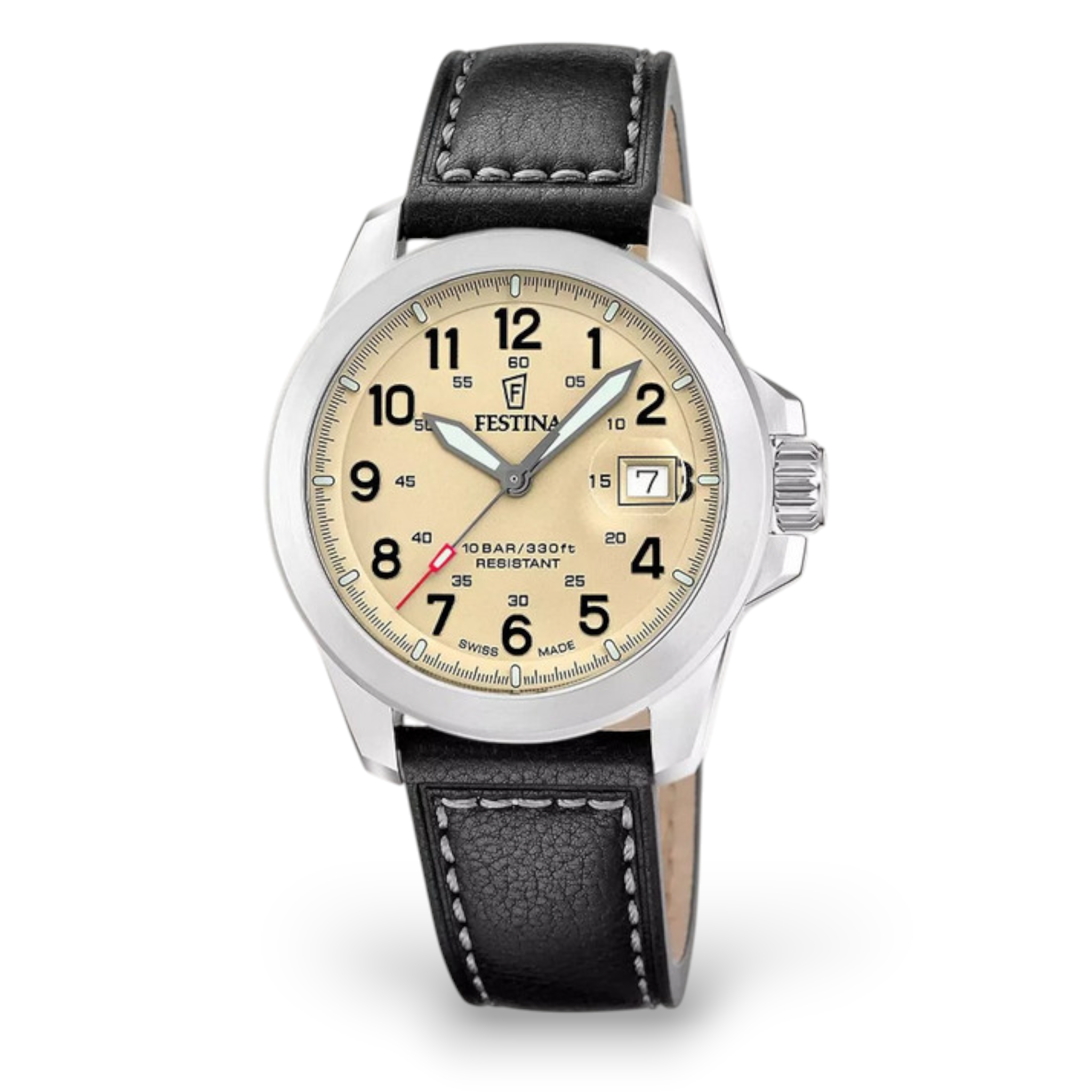 Festina Swiss made field watch with beige dial and leather strap