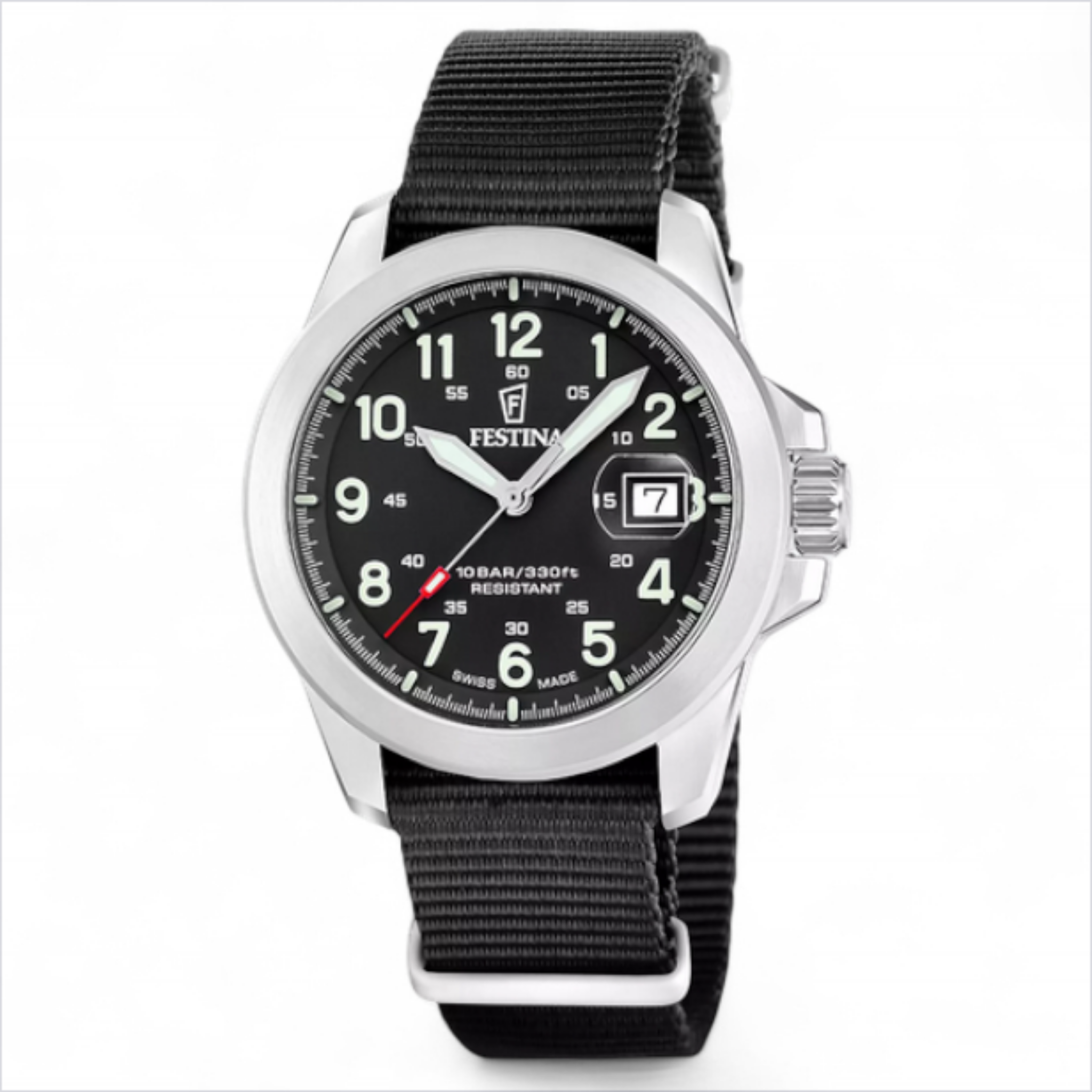Festina Swiss made field watch with black dial and NATO strap
