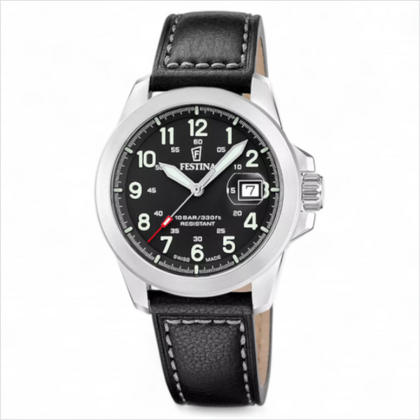 Festina Swiss made field watch with black dial and leather strap