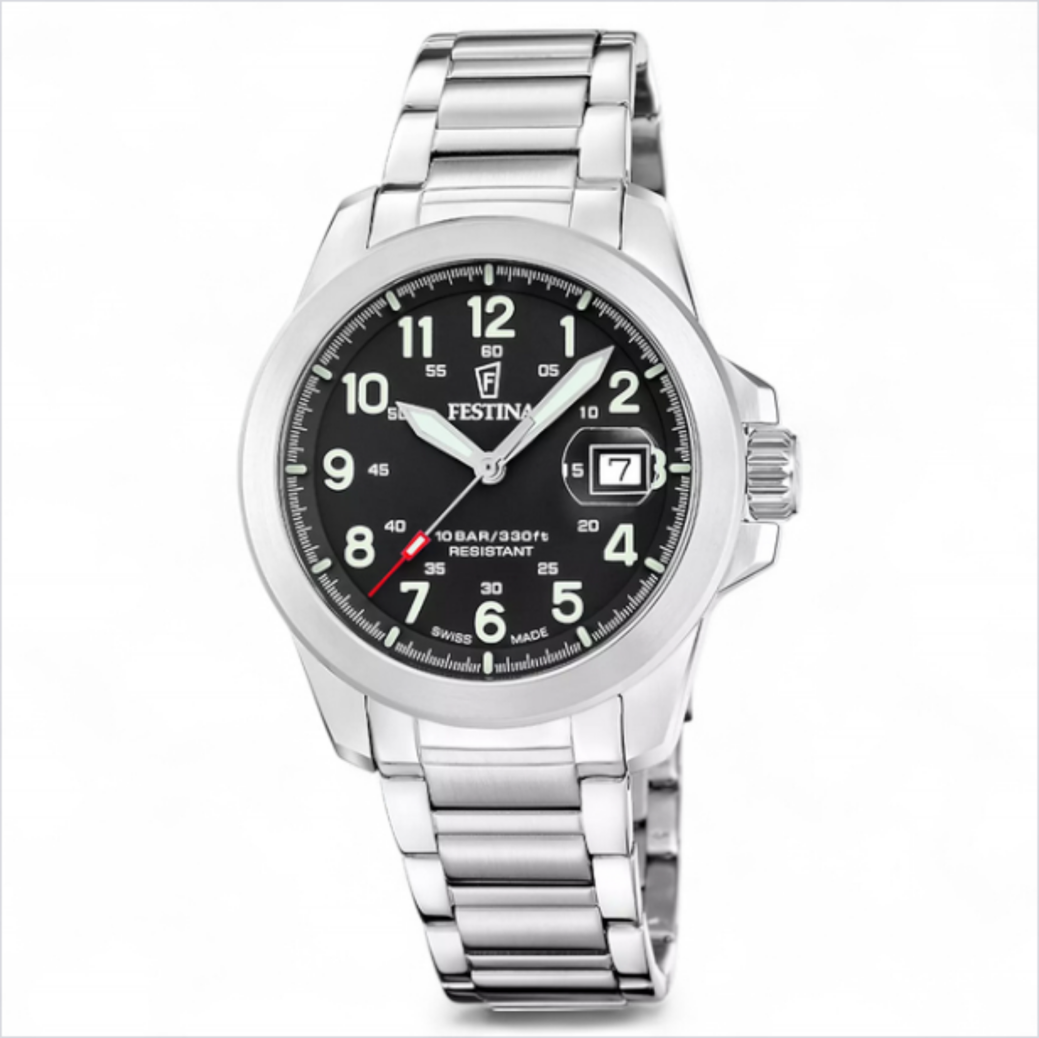 Festina Swiss made field watch with black dial and stainless steel bracelet