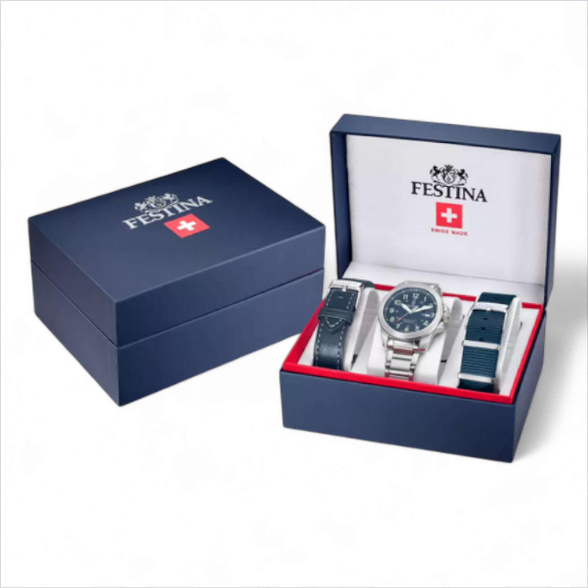 Festina Swiss made field watch with blue dial and three interchangeable straps in presentation box