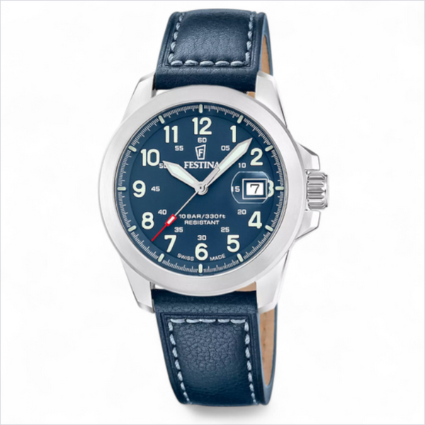 Festina Swiss made field watch with blue dial and leather strap