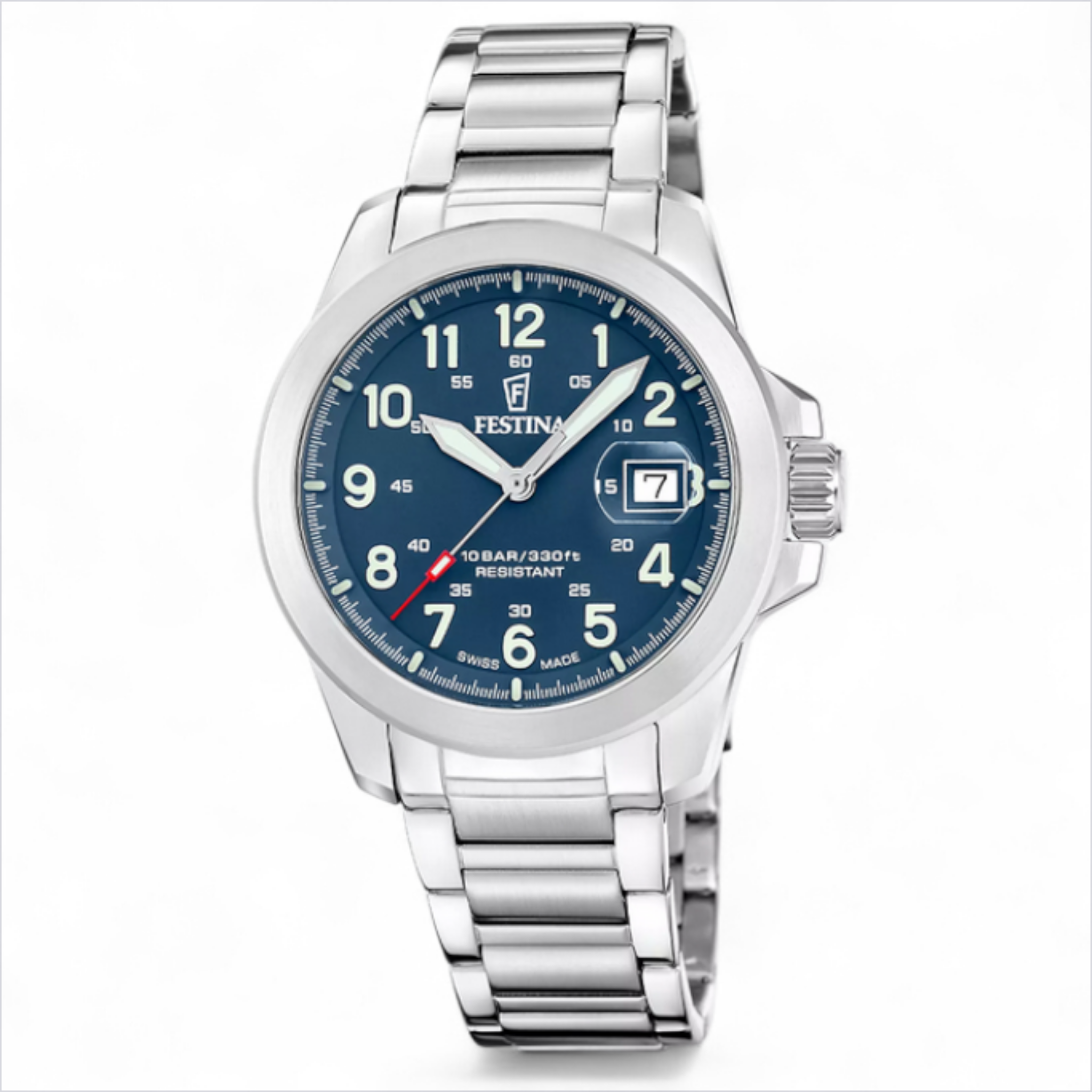 Festina Swiss made field watch with blue dial and stainless steel bracelet