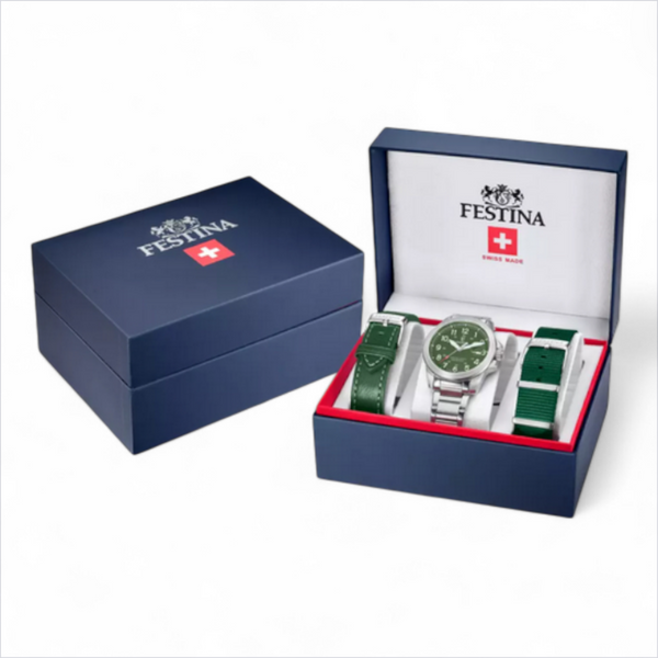 Festina Swiss made field watch with green dial and three interchangeable straps in presentation box