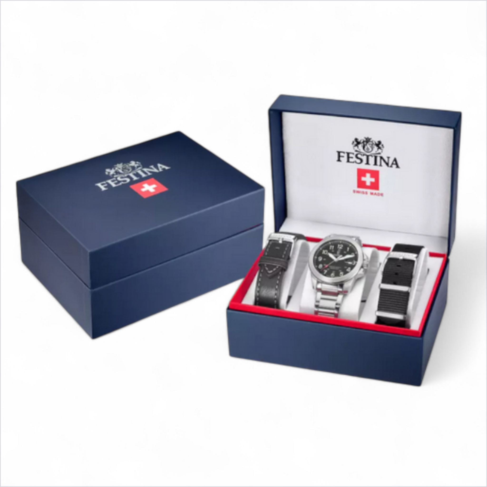 Festina Swiss made field watch with three interchangeable straps in presentation box