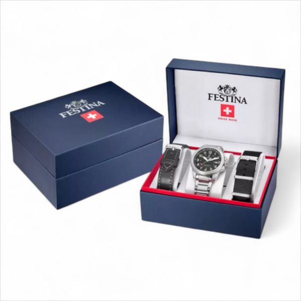 Festina Swiss made field watch with three interchangeable straps in presentation box