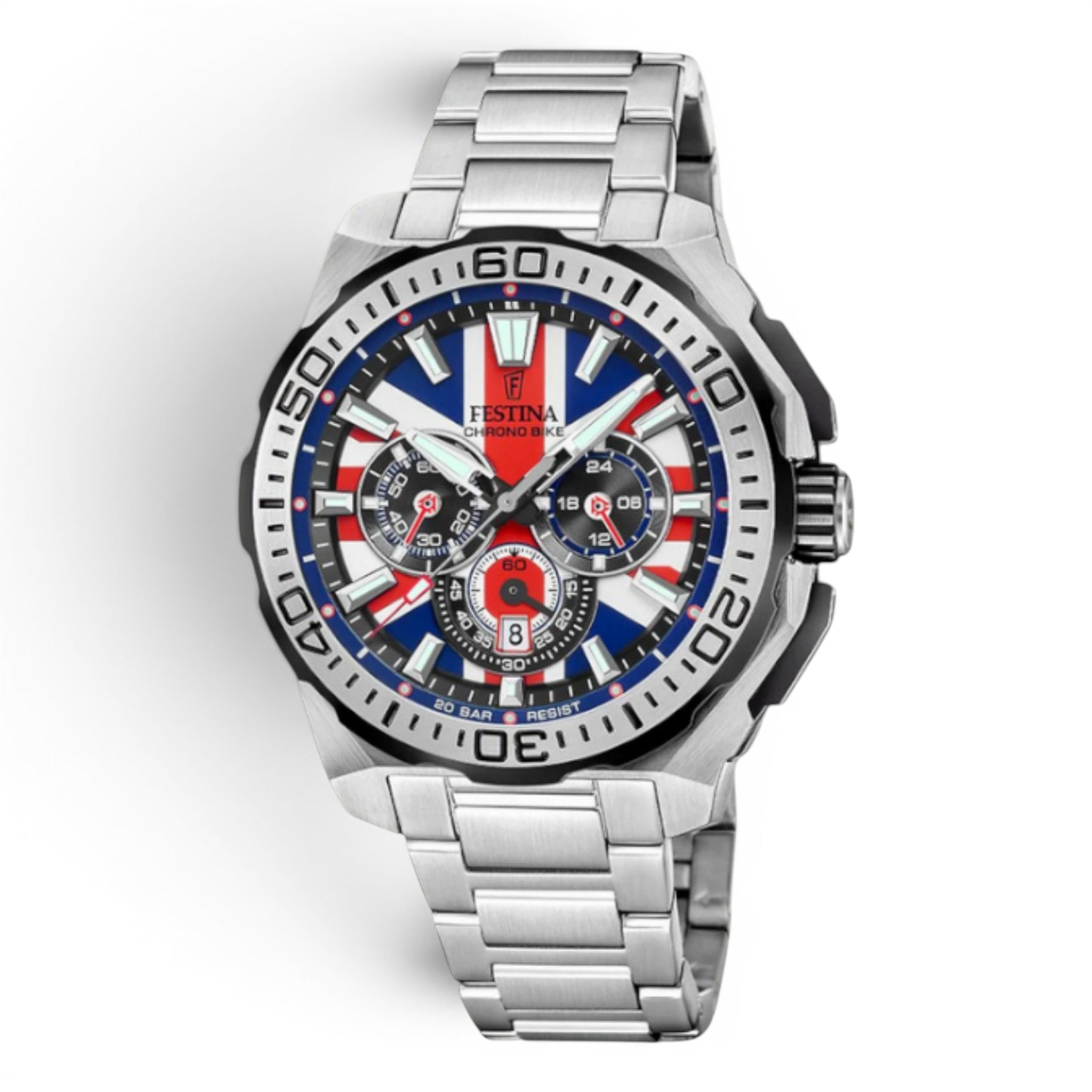 Festina UK limited edition chronograph watch with Union Flag dial and stainless steel bracelet