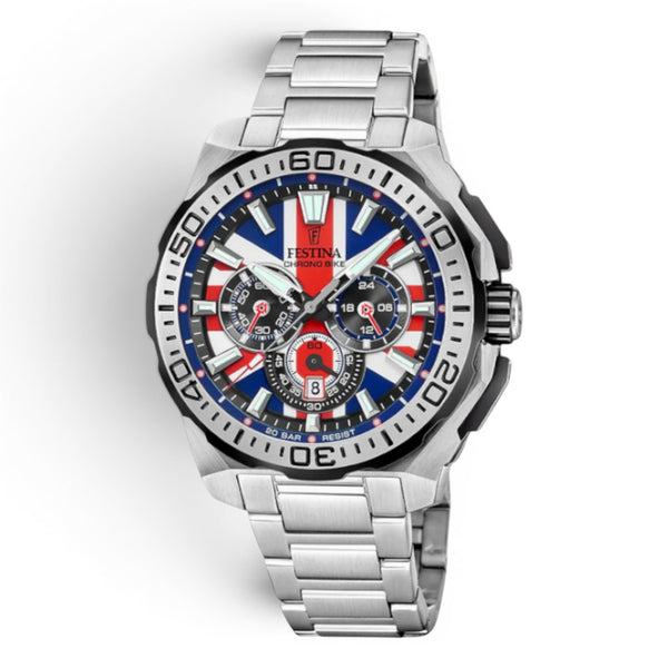 Festina UK limited edition chronograph watch with Union Flag dial and stainless steel bracelet