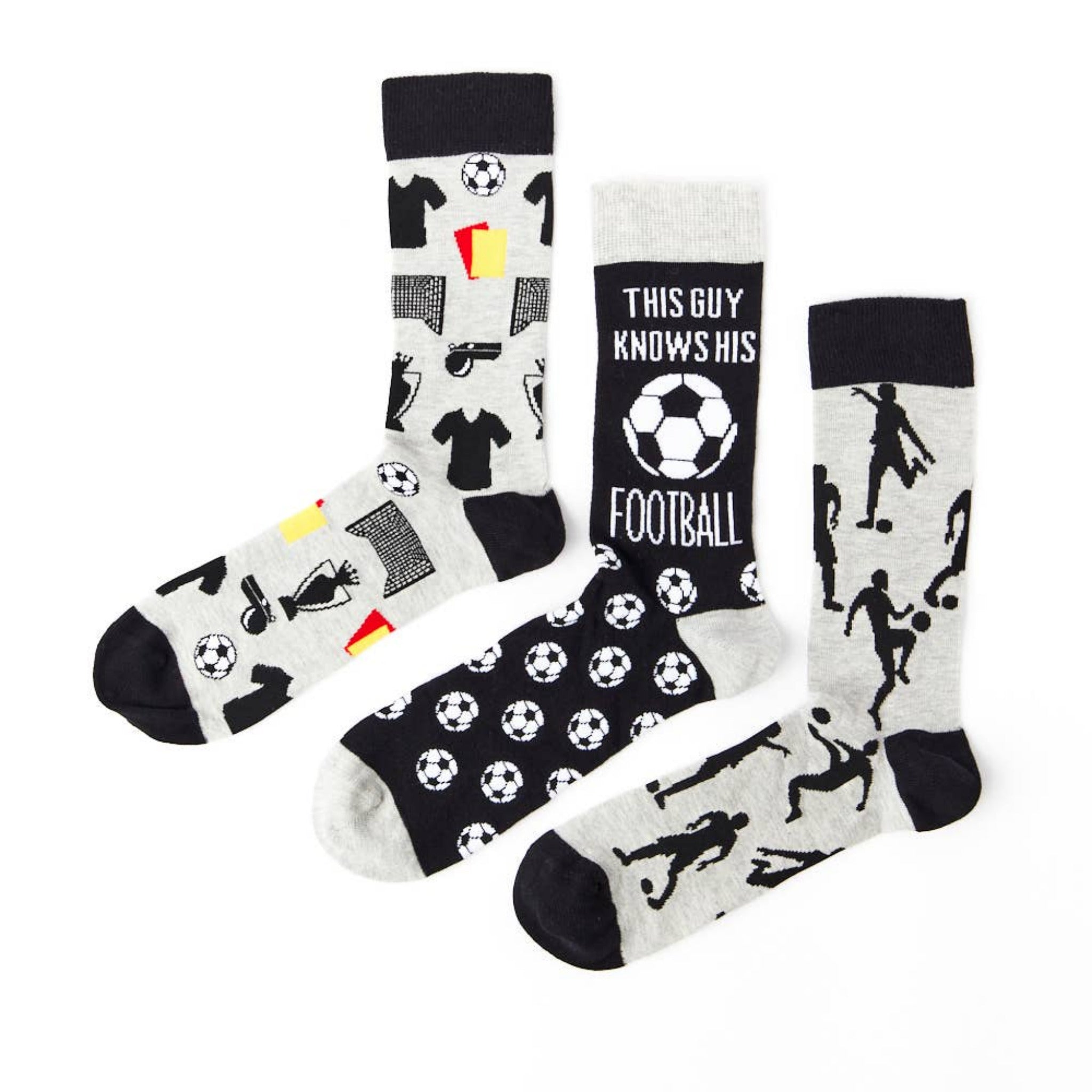 football themed socks gift box with three pairs in black and white designs