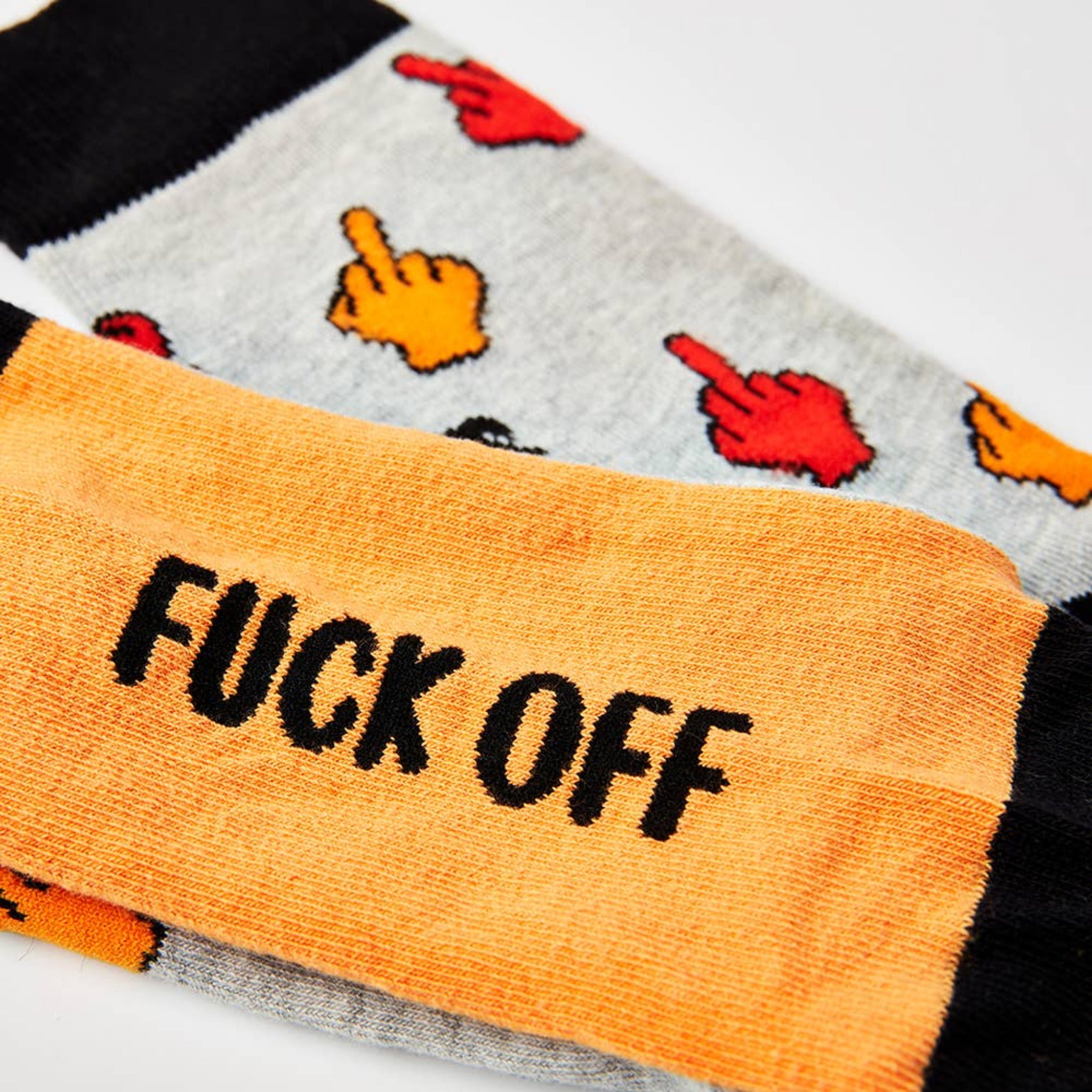 close up of Fuck Off socks showing text and design detail