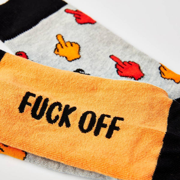 close up of Fuck Off socks showing text and design detail