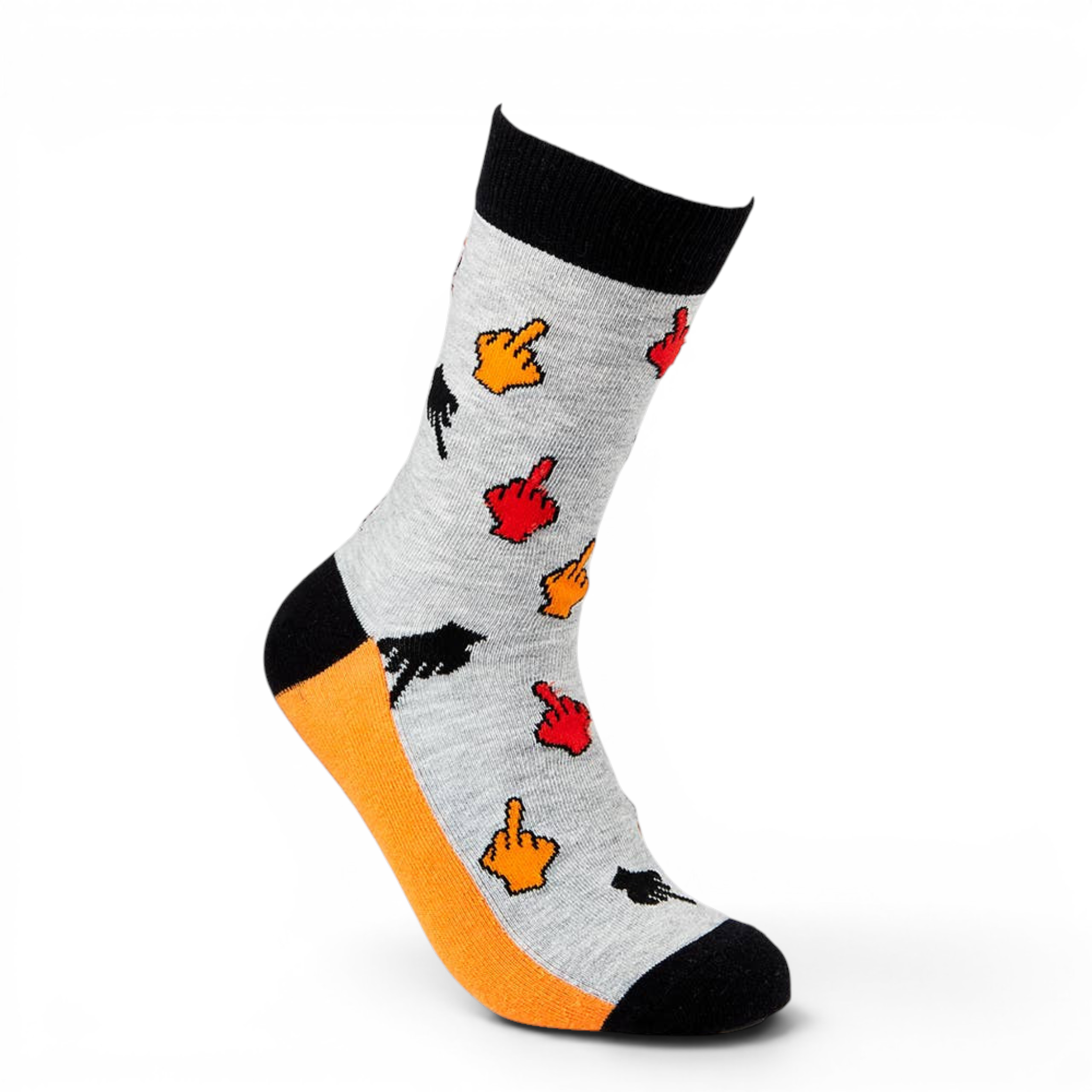 Fuck Off novelty socks grey and orange main view with bold text design