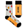 pair of Fuck Off novelty socks laid flat showing full design