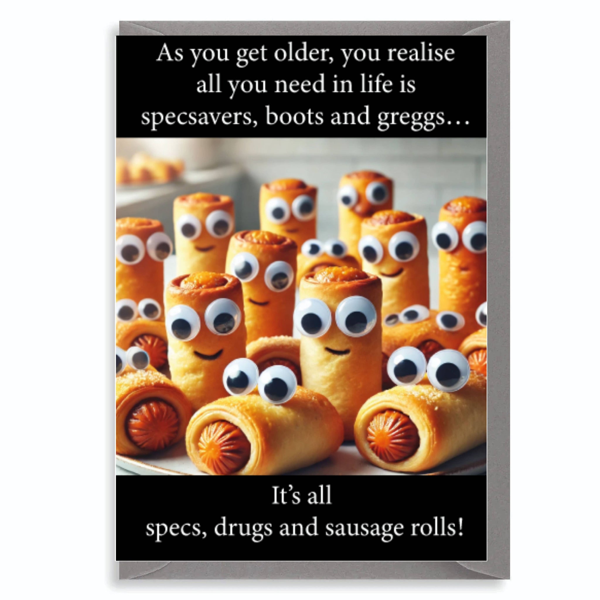 Funny birthday greeting card featuring the Specs, Drugs and Sausage Rolls joke with sausage roll characters