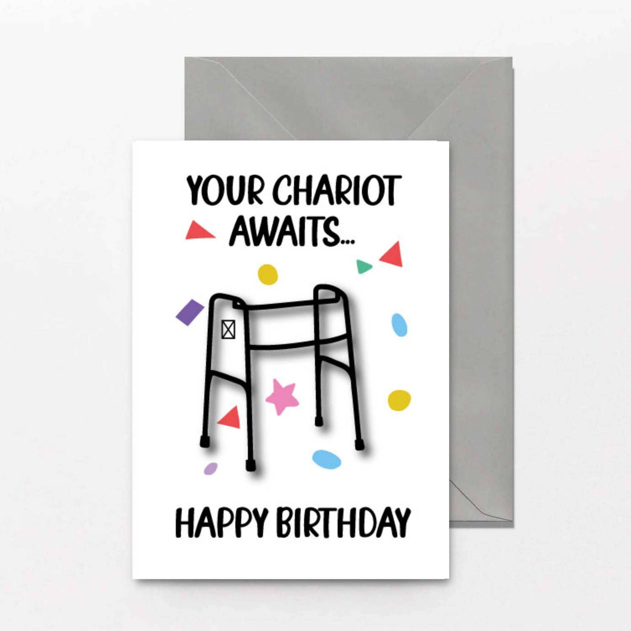 Funny birthday greeting card featuring a walking frame and the text 