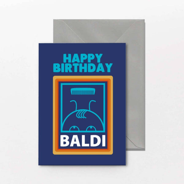 Funny birthday card reading Happy Birthday BALDI with a bald head illustration and supermarket inspired design