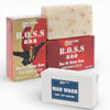 Gentlemen Joe B.O.S.S Bar Soap with opened box and exfoliating soap bar displayed on white background