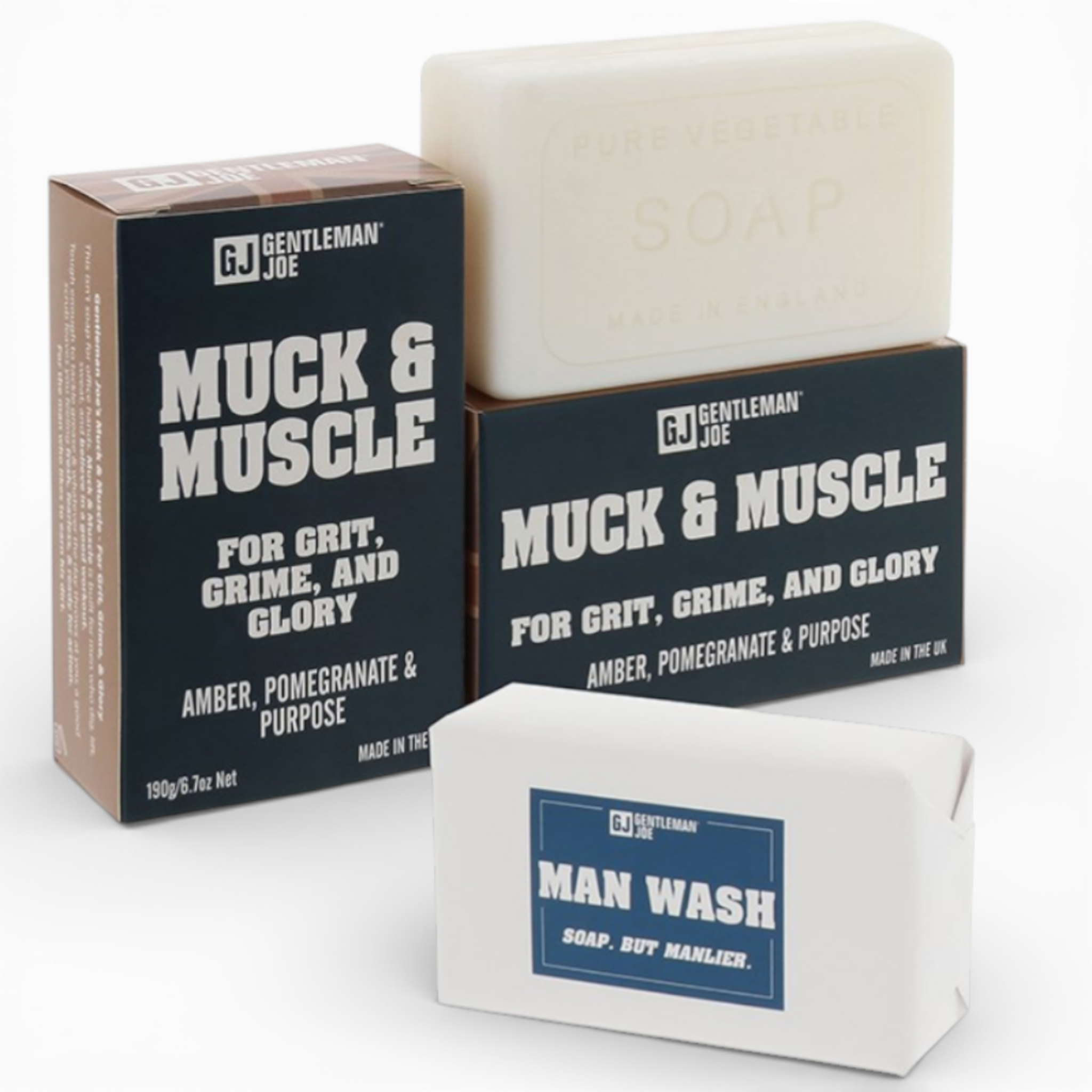 Gentlemen Joe Muck and Muscle Soap with opened box and soap bar displayed on white background