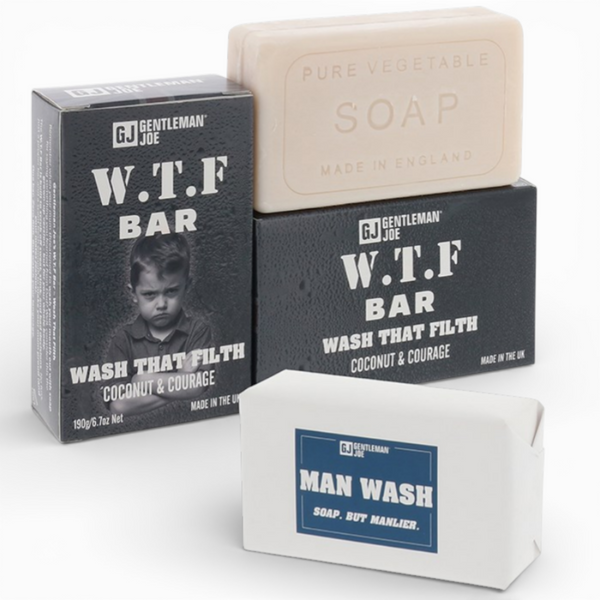 Gentlemen Joe W.T.F Bar Soap with opened box and soap bar displayed on white background
