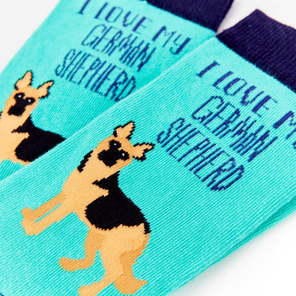 close up of I Love My German Shepherd socks showing dog design and text