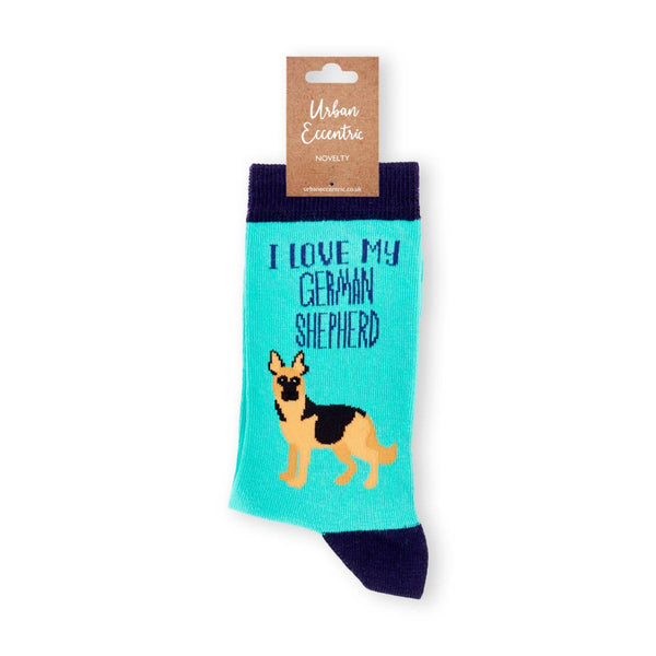 I Love My German Shepherd socks with retail tag visible