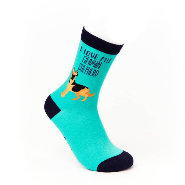 I Love My German Shepherd teal novelty socks front view
