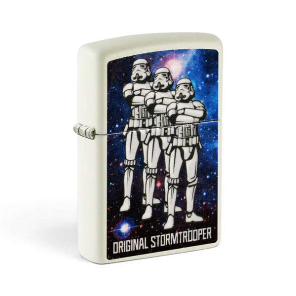 Glow in the Dark Original Stormtrooper Soldiers Zippo windproof lighter with three Stormtroopers standing before a galaxy background.