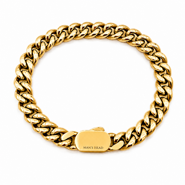 Men's gold colour stainless steel 10mm curb chain bracelet with polished finish and secure clasp on a white background