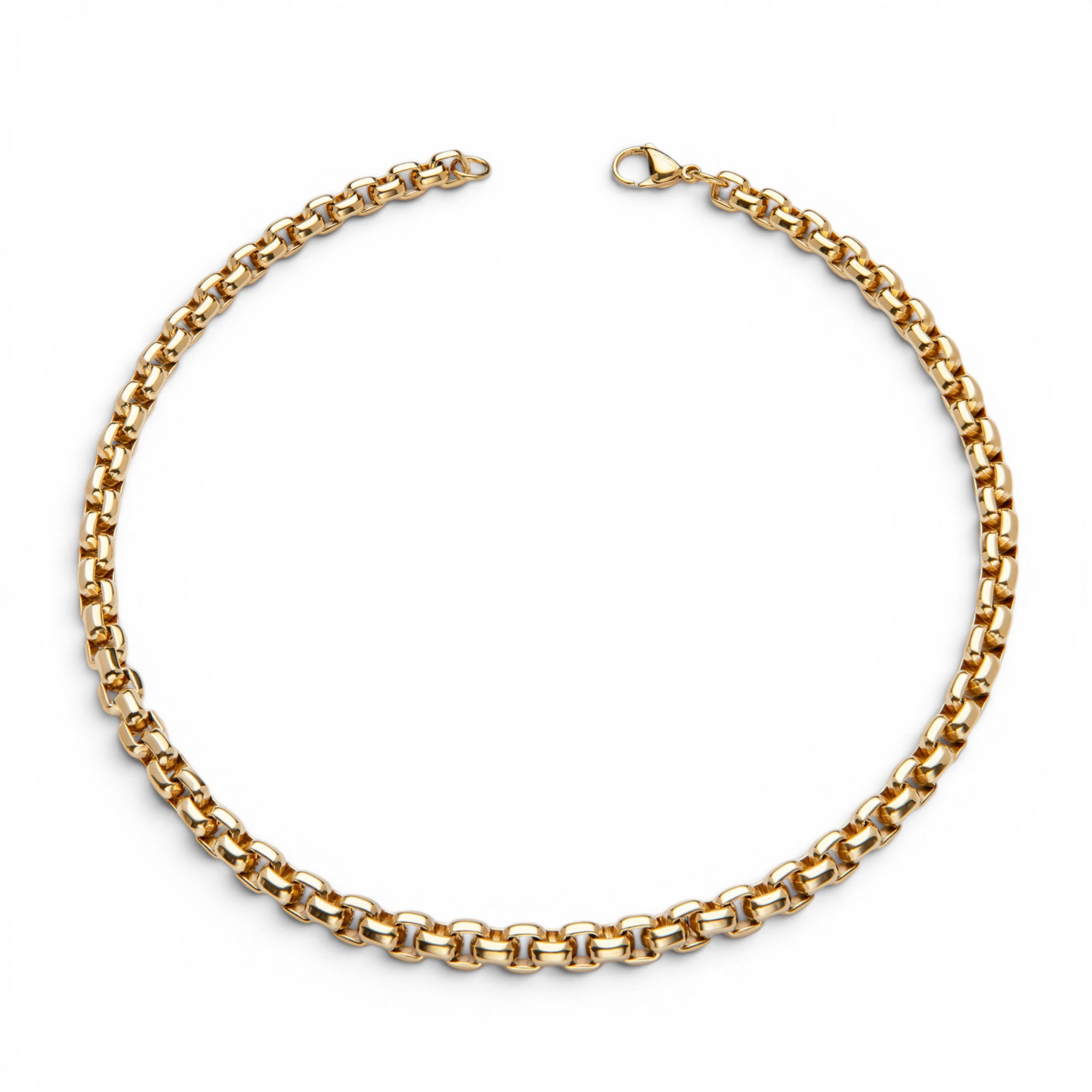 Gold IP plated stainless steel 8.5mm box chain necklace with polished and brushed finish on a white background