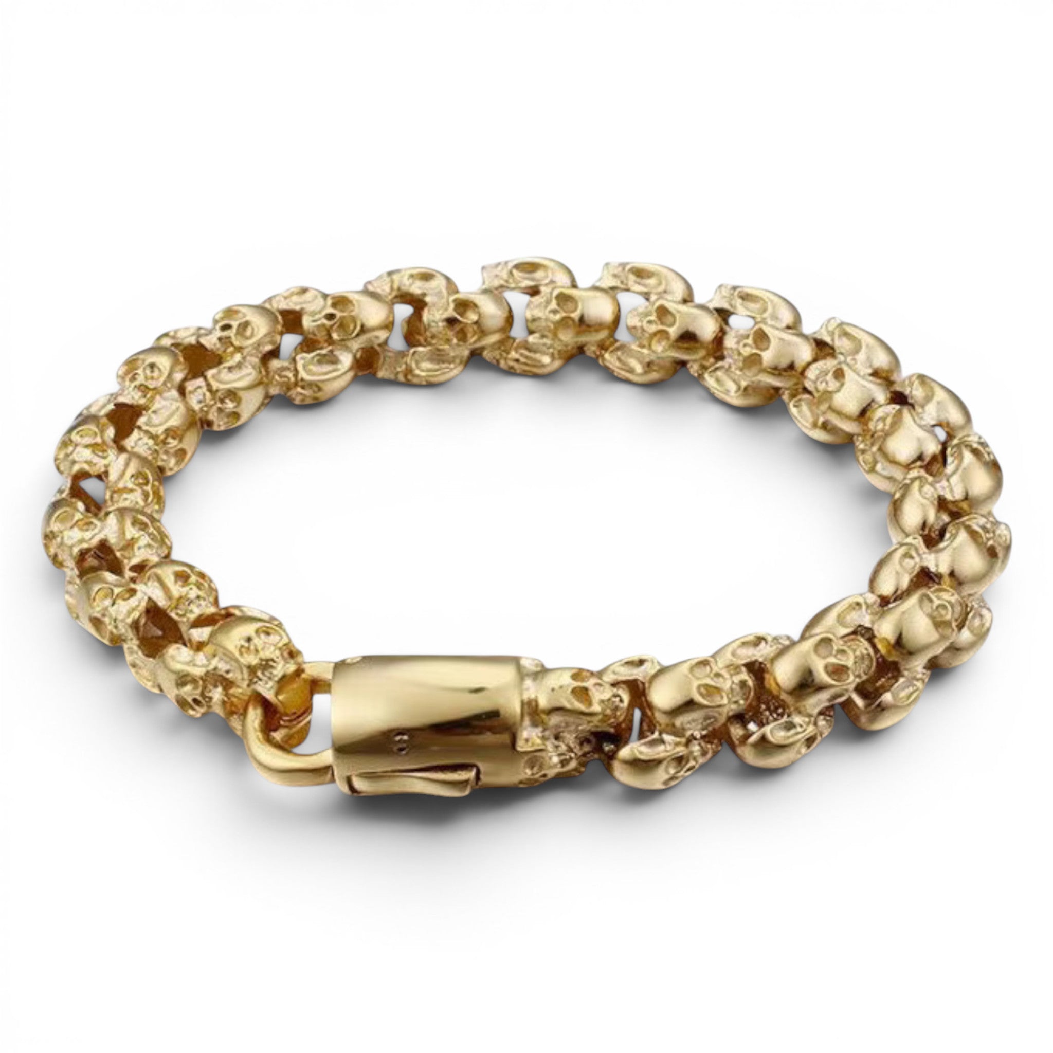 Gold plated stainless steel 12mm skull link bracelet with detailed skull links