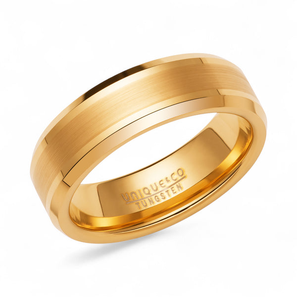 gold plated tungsten ring 7mm with brushed and polished finish on white background