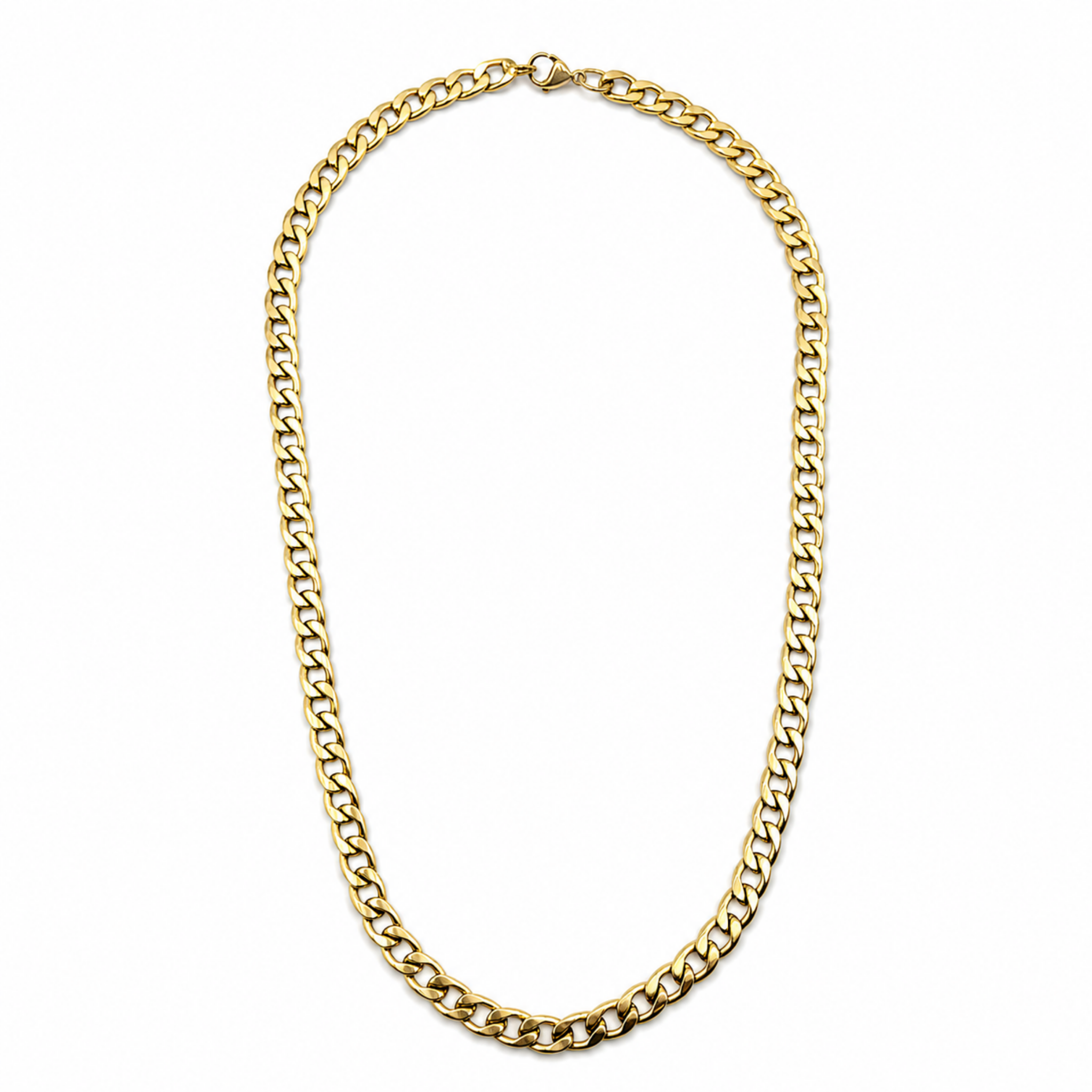 7.5mm gold stainless steel curb chain necklace full view on white background