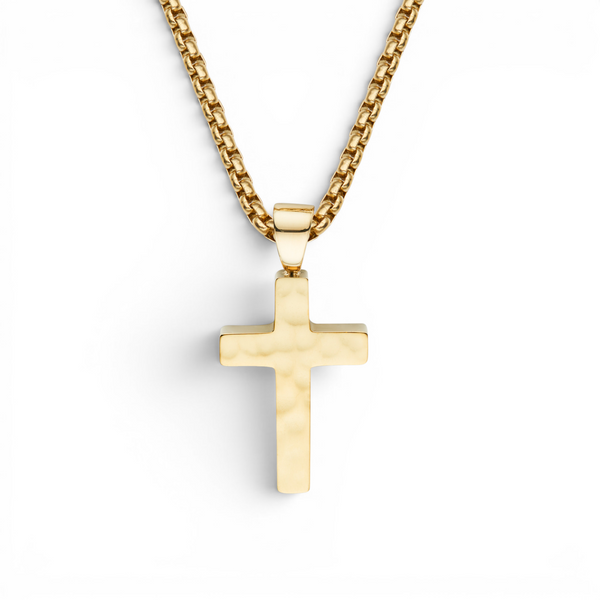 Gold IP plated stainless steel cross pendant with hammered texture on adjustable chain white background