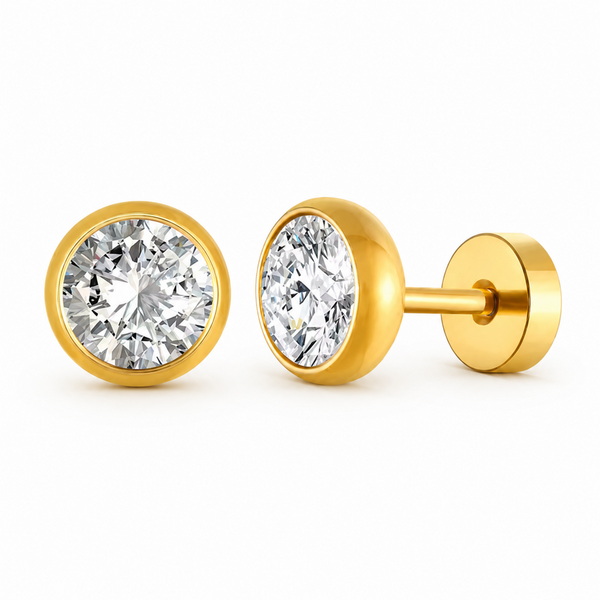 Gold tone stainless steel 8mm clear cubic zirconia stud earrings with screw backs