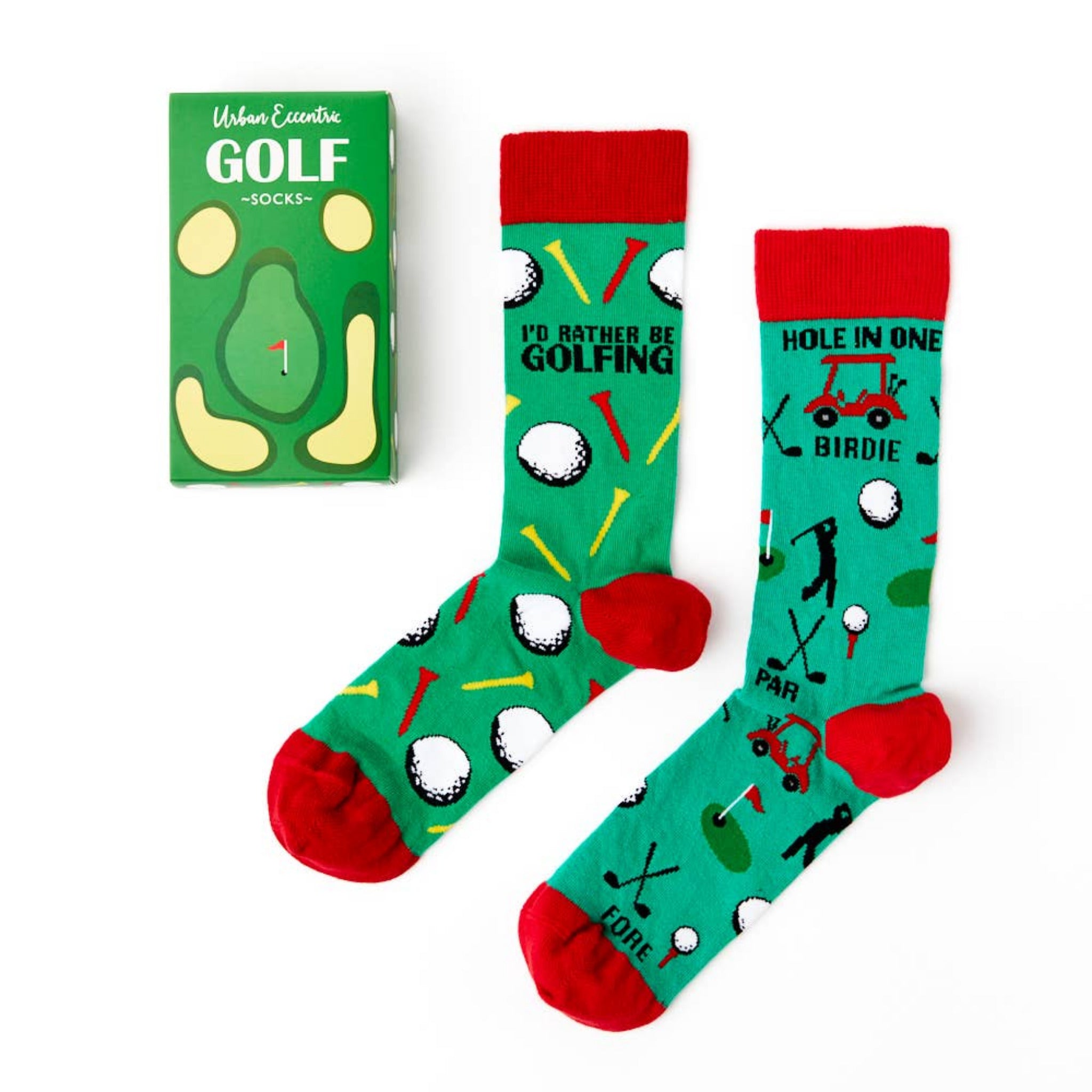two pairs of golf themed socks laid out with different designs