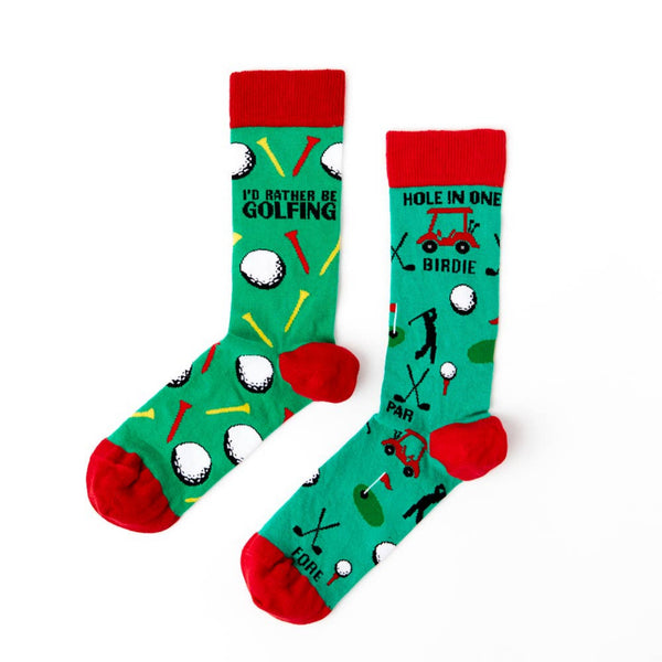 two designs of golf themed socks on a white background