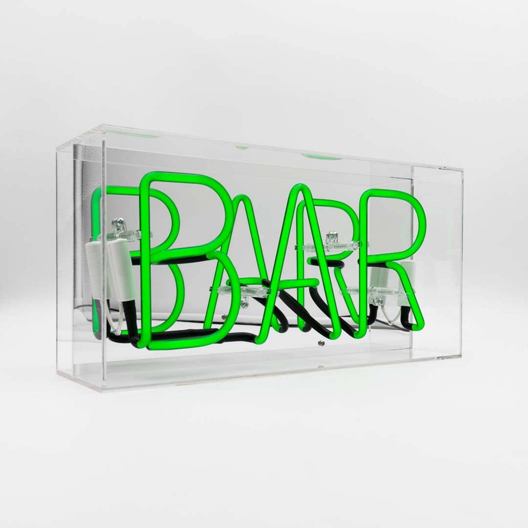 Green Bar glass neon sign switched off inside a clear acrylic display case
