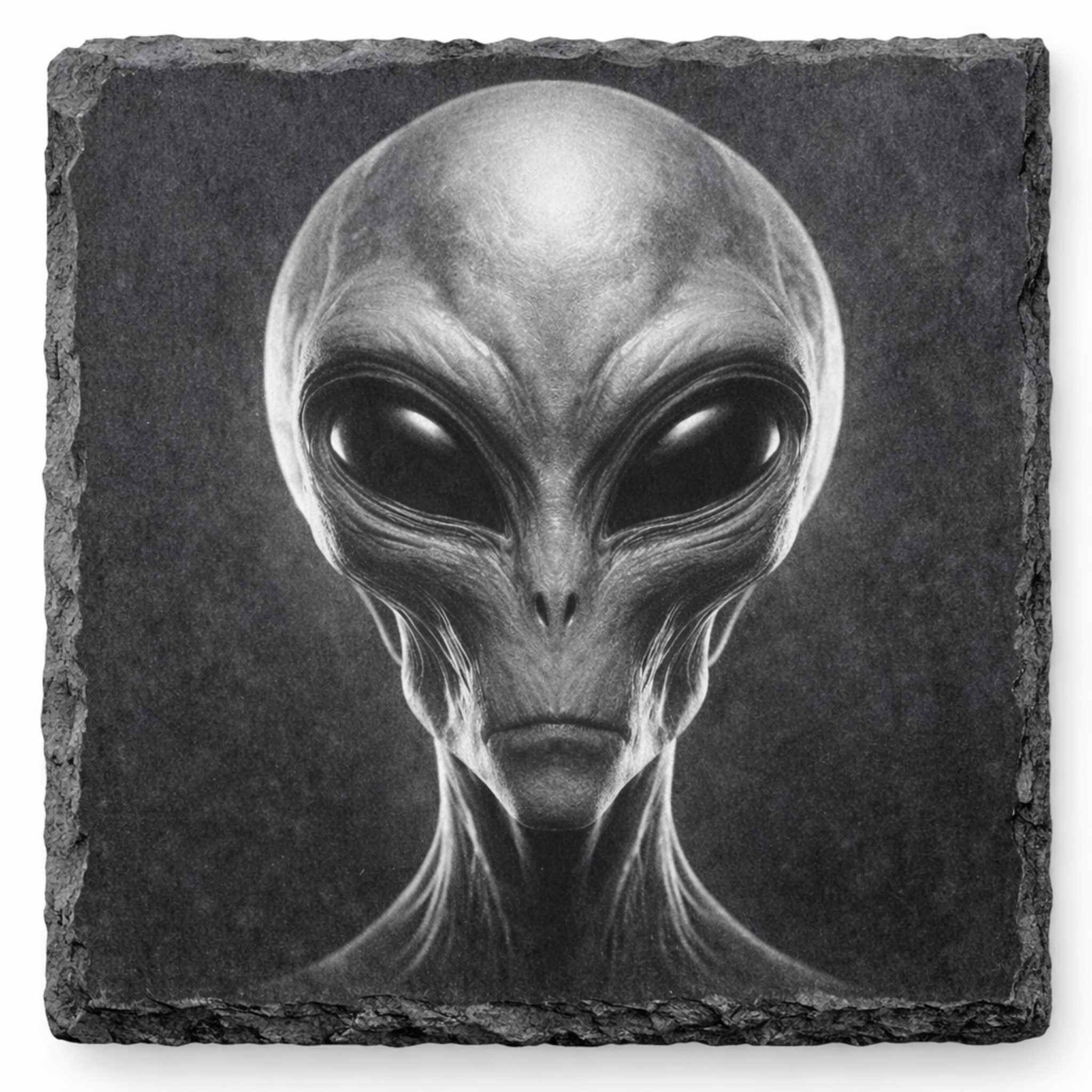 Laser engraved grey alien slate coaster on natural slate