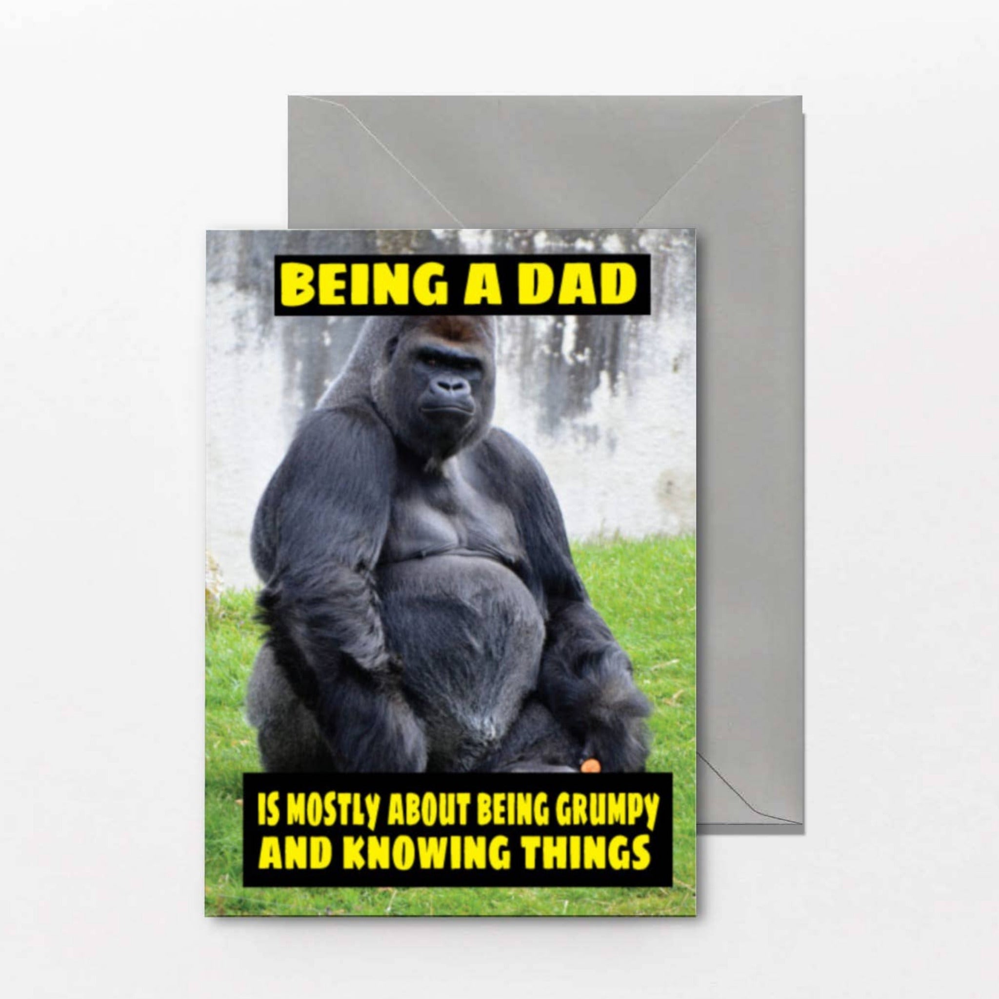 Funny Father's Day greeting card featuring a grumpy gorilla with the caption 
