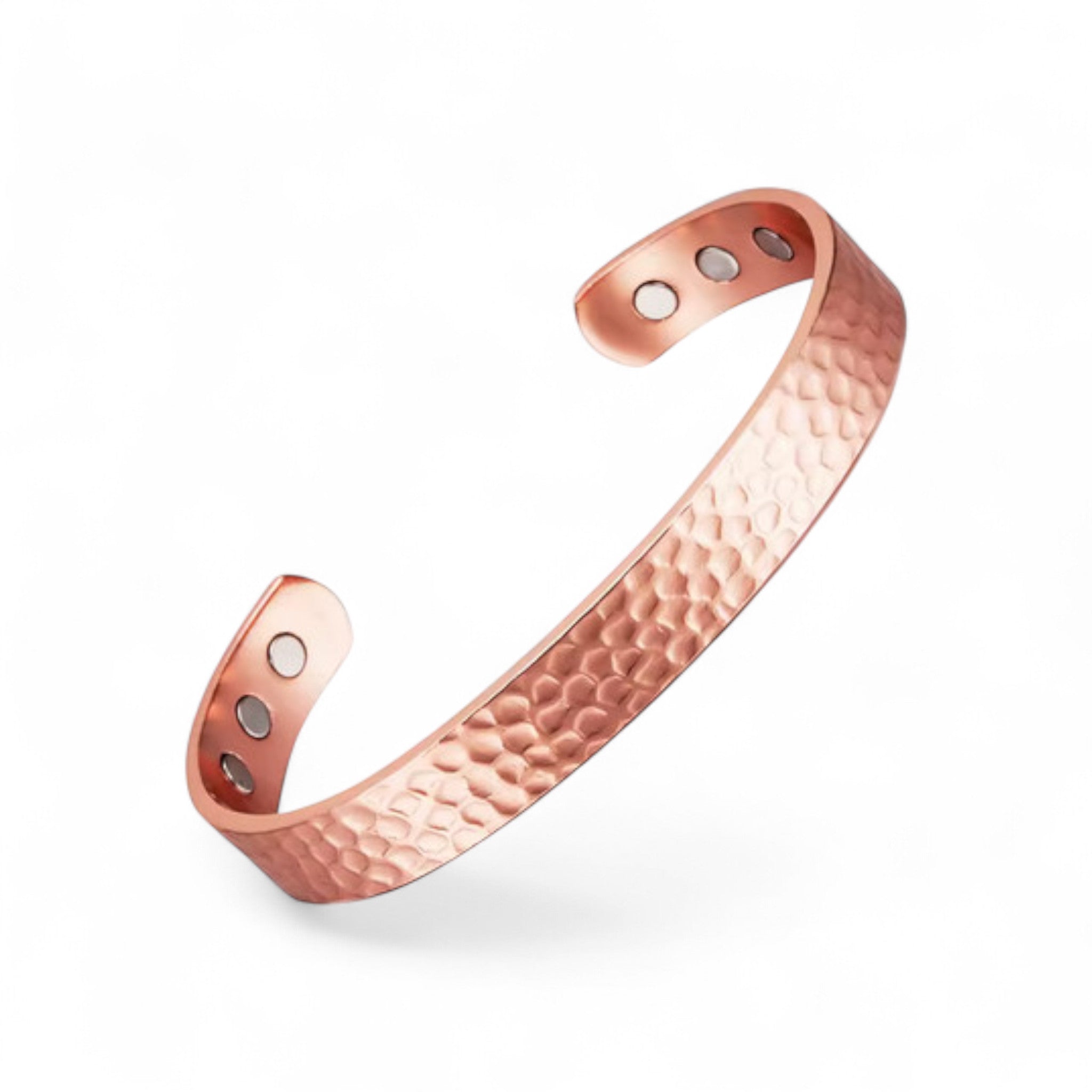 Hammered copper cuff bracelet on white background 