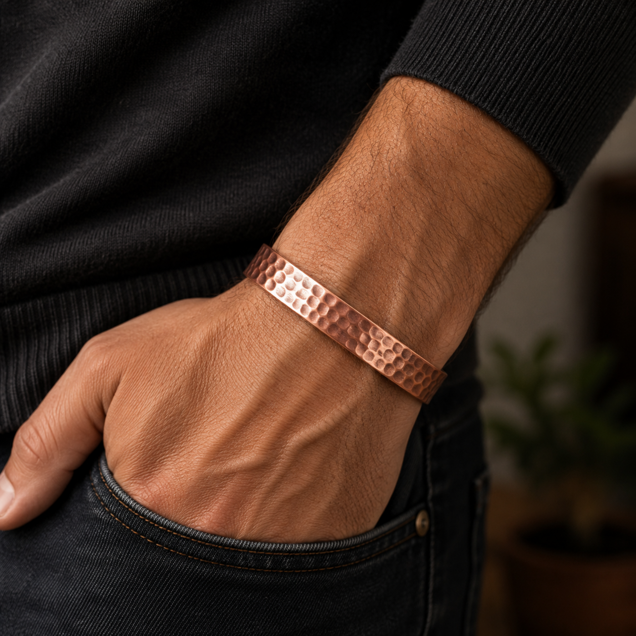 Close up lifestyle image of a man wearing a hammered copper magnetic cuff bracelet with textured finish and adjustable open back design
