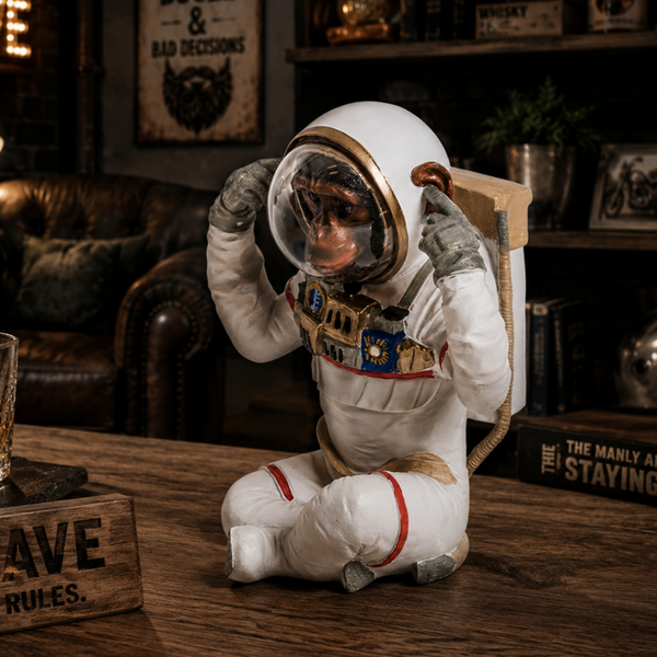 Hear No Evil astronaut chimpanzee resin figurine in man cave setting