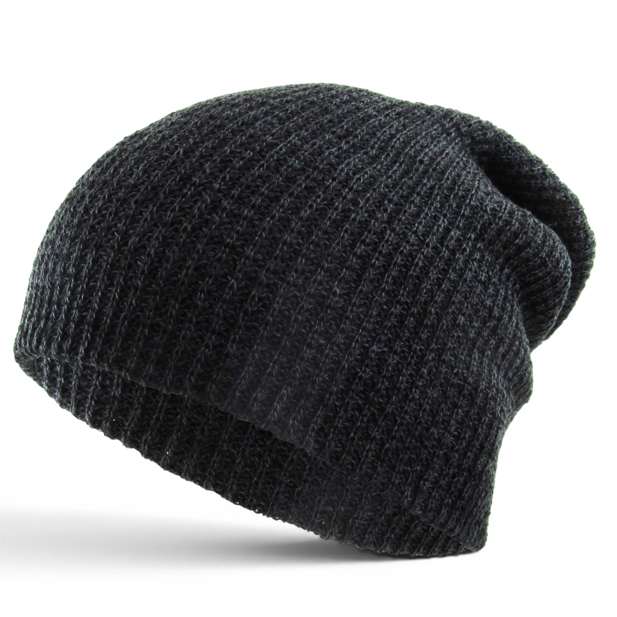 Black heather knit slouch beanie with relaxed oversized fit and casual styling.