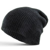 Black heather knit slouch beanie with relaxed oversized fit and casual styling.