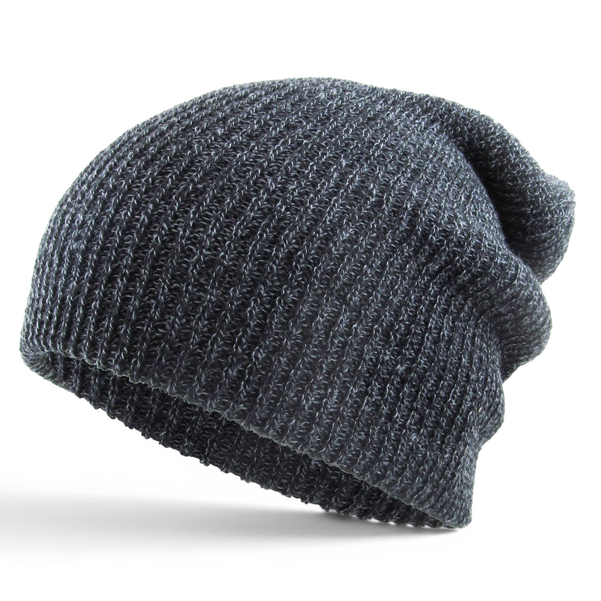 Dark grey heather knit slouch beanie with soft stretch knit and slouch fit.