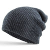 Dark grey heather knit slouch beanie with soft stretch knit and slouch fit.