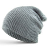 Light grey heather knit slouch beanie with relaxed fit and textured knit finish.